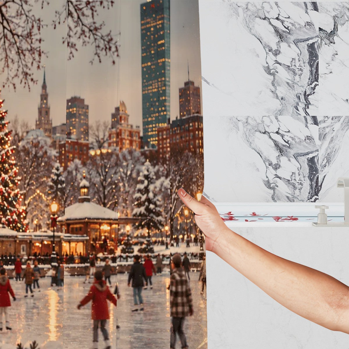 Boston Frog Pond Christmas Shower Curtain | Winter Ice Skating Scene