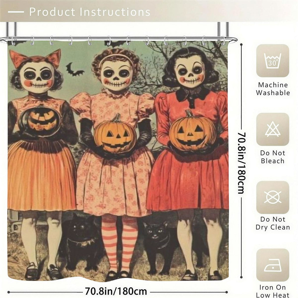 Vintage Halloween shower curtain featuring three girls in skeleton masks holding pumpkins.