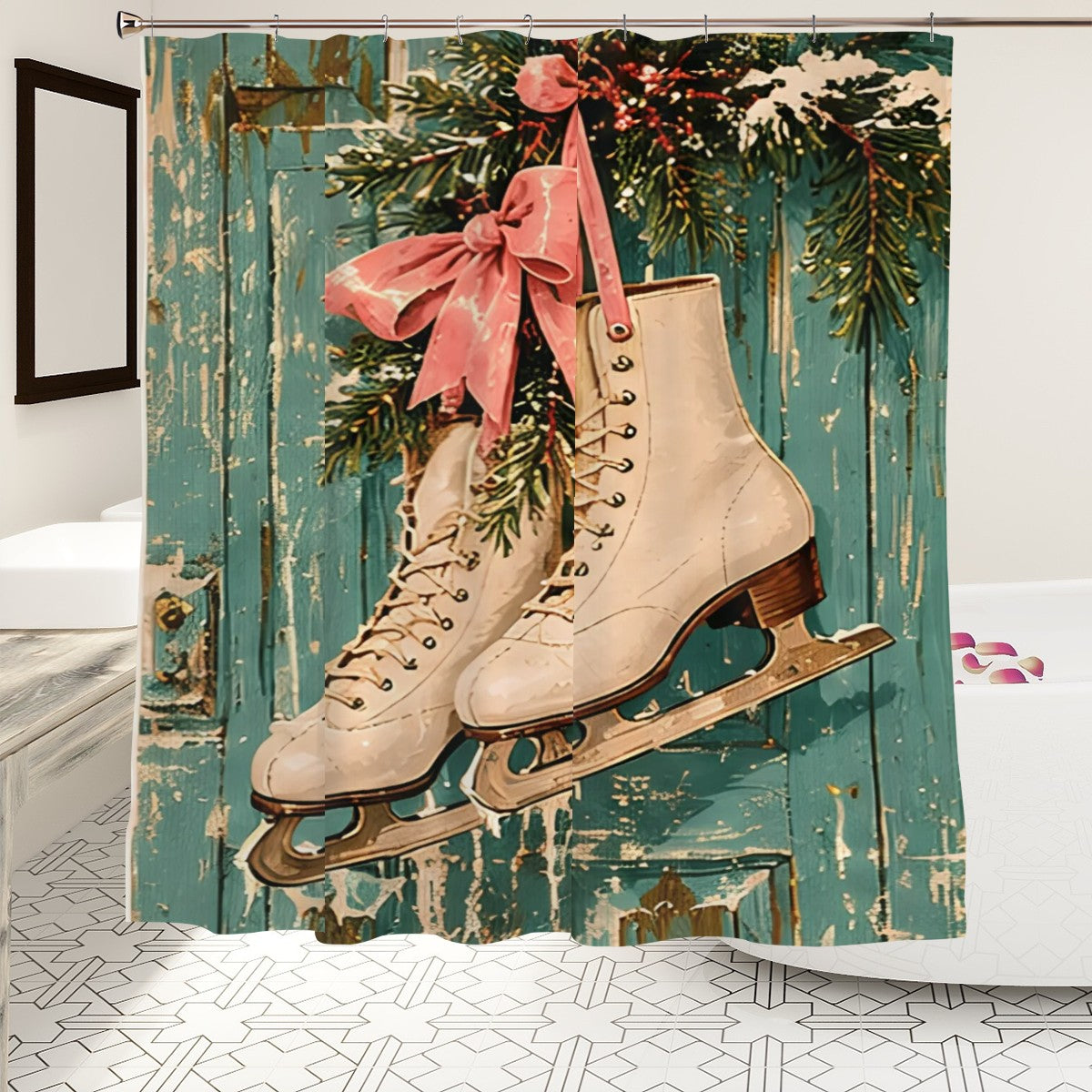 Vintage Ice Skates Christmas Shower Curtain | Pink Bow & Rustic Green Door
