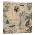 Vintage nautical map shower curtain featuring a compass rose, sailing ships, and a mermaid.
