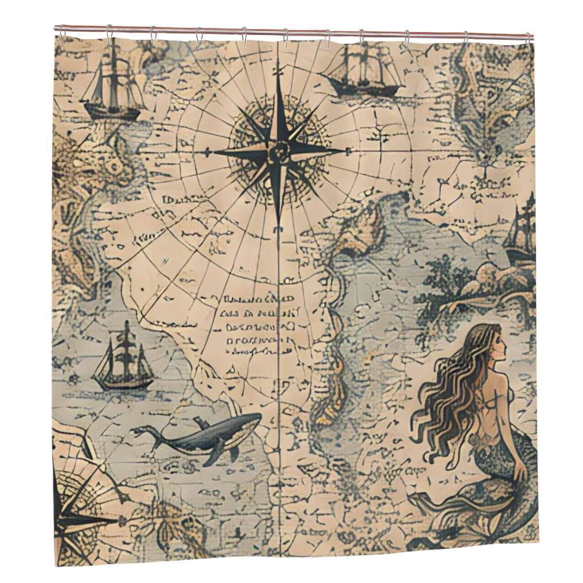 Vintage nautical map shower curtain featuring a compass rose, sailing ships, and a mermaid.