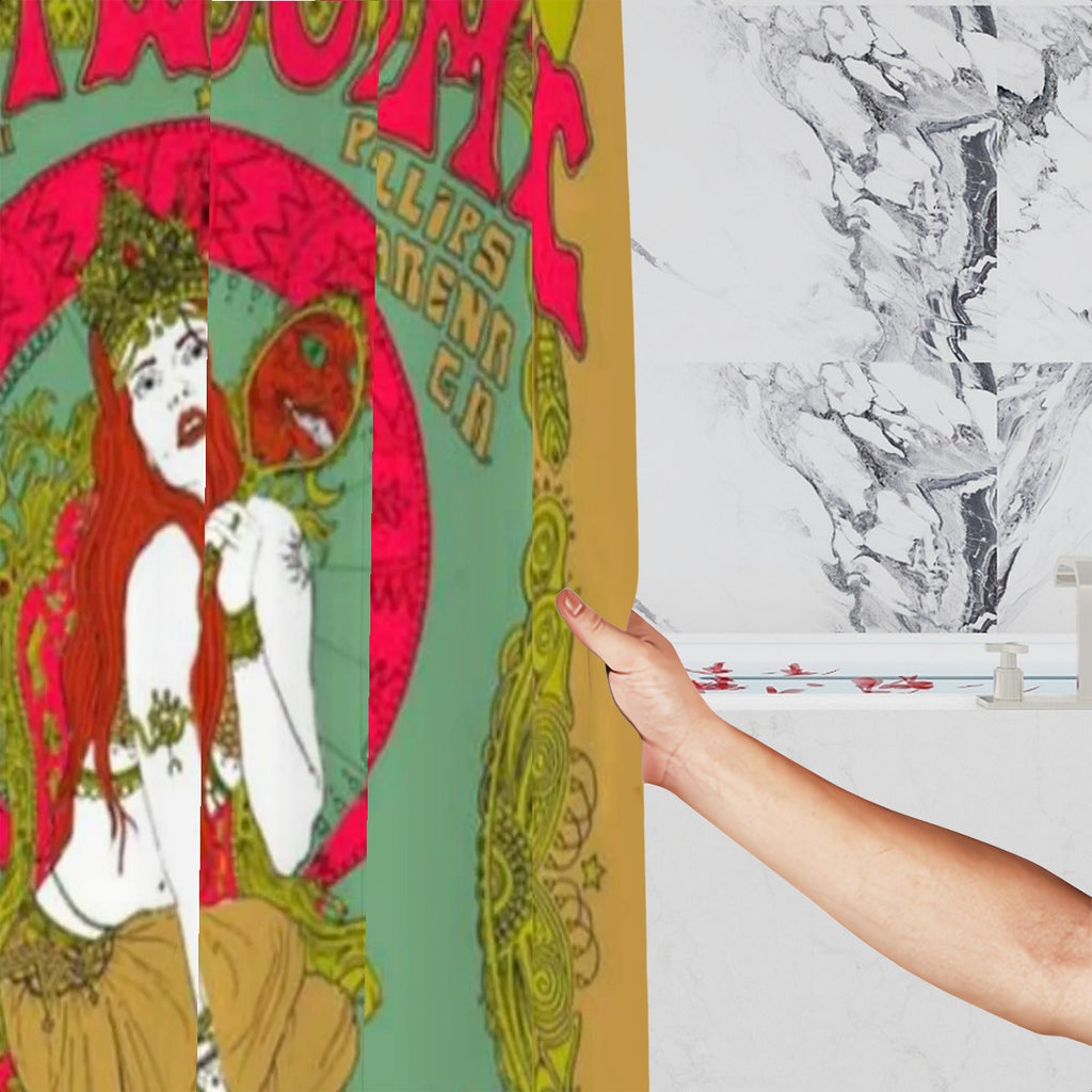 Vintage rock poster shower curtain with bold music-inspired artwork, ideal for bathroom decor by Sandy Beach.