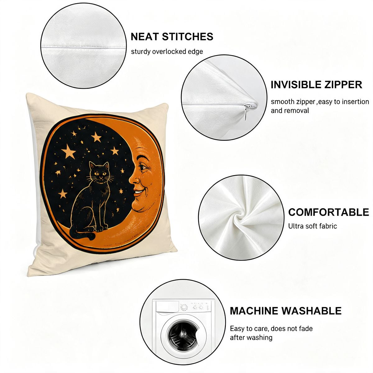 Decorative throw pillow featuring a black cat on a crescent moon with soft fabric and invisible zipper.