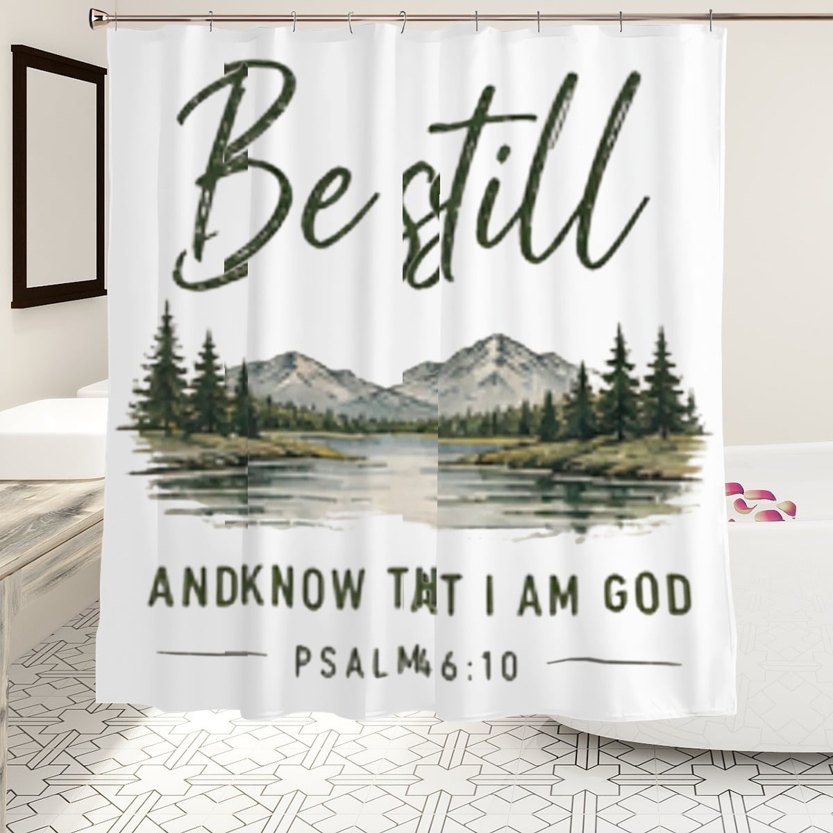 Sandy Beach bathroom decor shower curtain with beach and ocean scene, hanging in a modern bathroom setting.