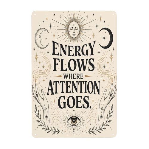 Celestial metal sign with sun, moon, and hands reading Energy Flows Where Attention Goes.