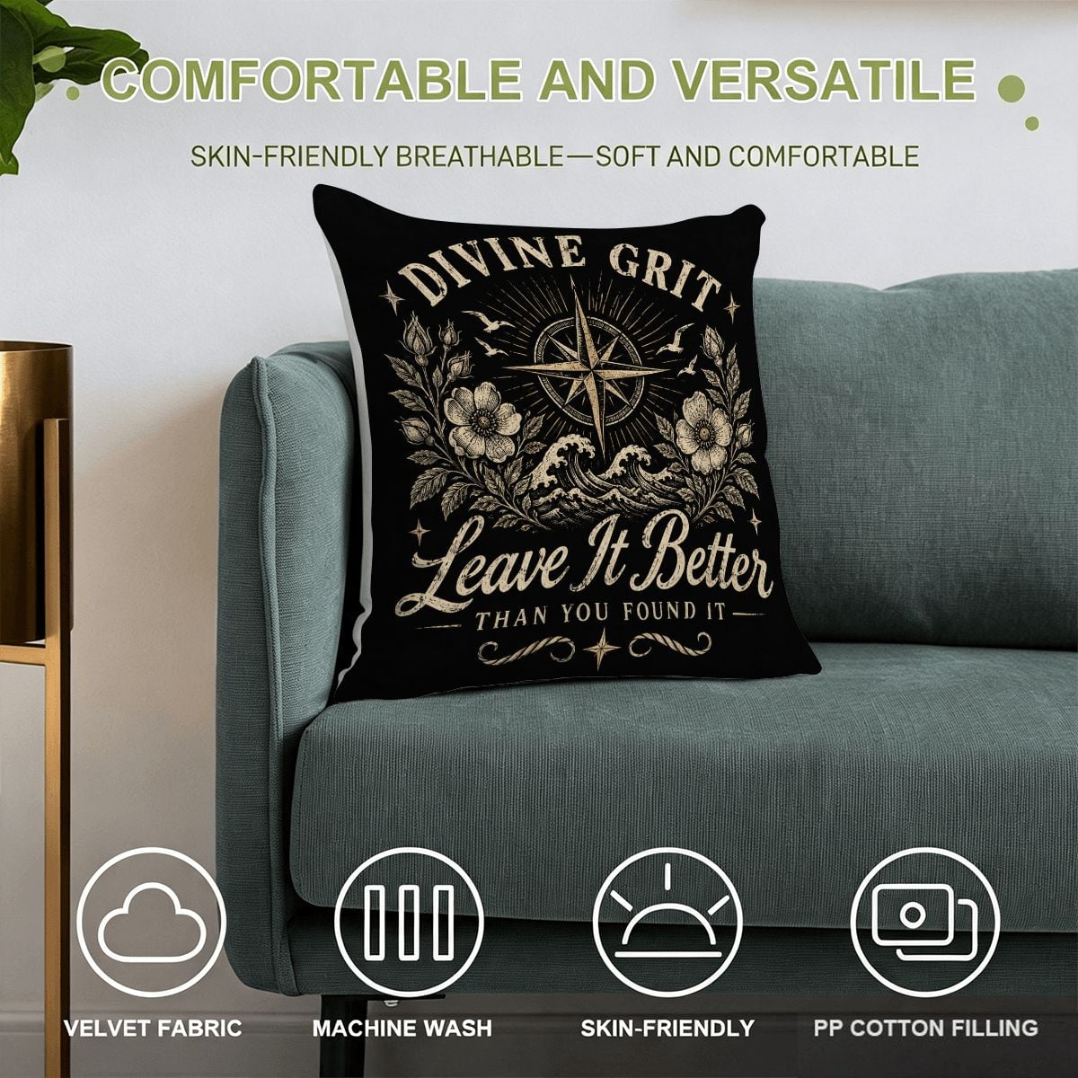 Black velvet decorative pillow with Divine Grit Leave It Better floral and compass design.