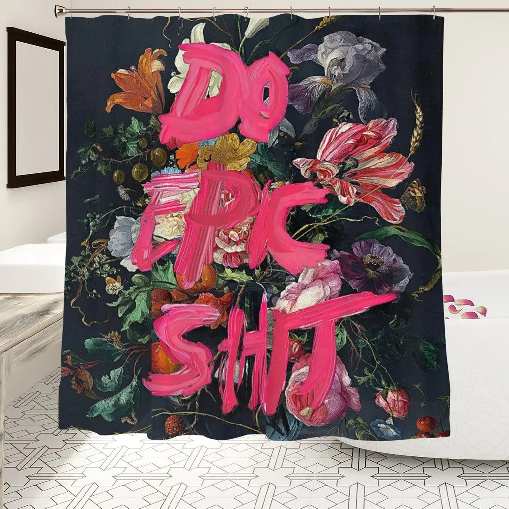 Sandy Beach Do Epic Sh*t shower curtain with bold black text on white fabric, ideal for modern bathroom decor.