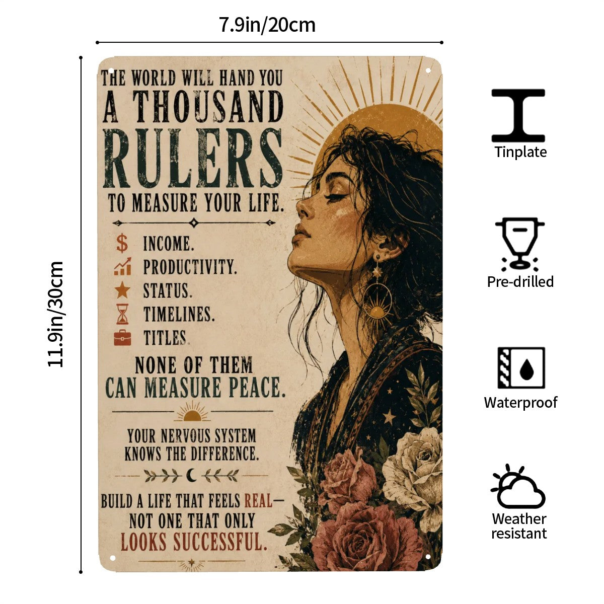 Vintage style tinplate sign with inspirational quote and woman profile with roses.