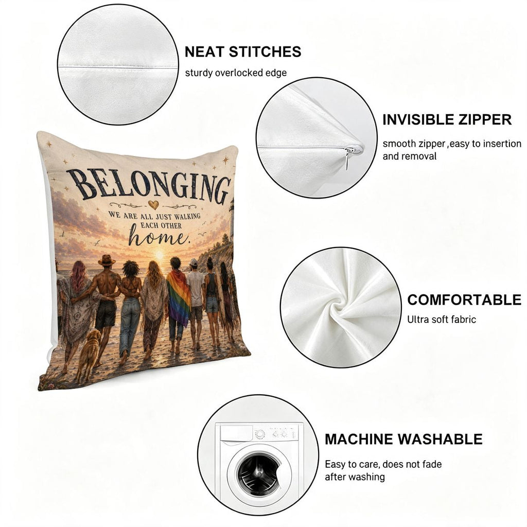 Belonging themed decorative throw pillow with diverse group walking on beach and invisible zipper.