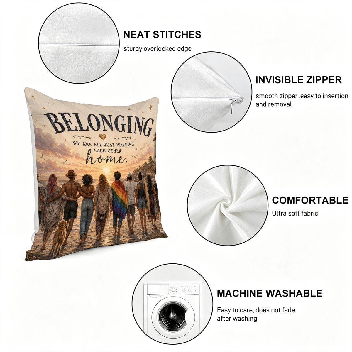 Belonging themed decorative throw pillow with diverse group walking on beach and invisible zipper.