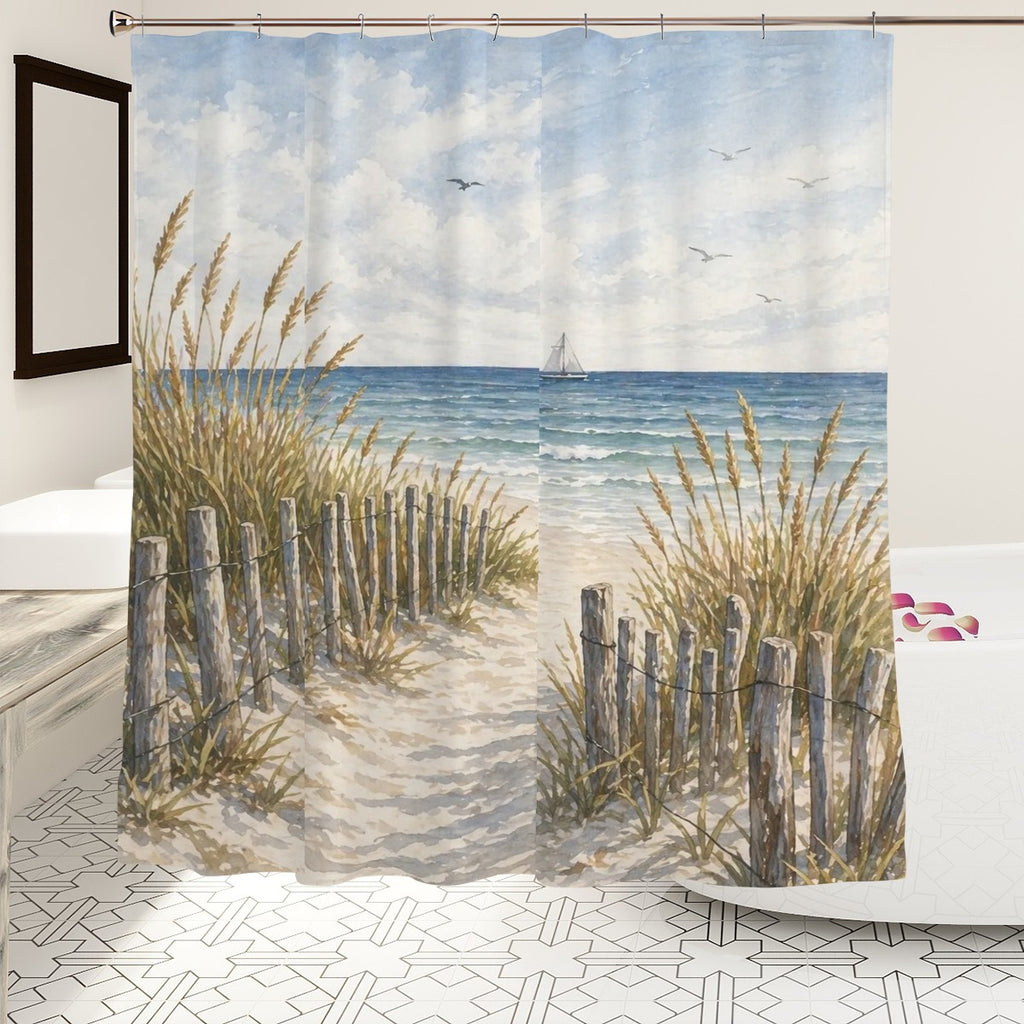 Sandy Beach bathroom decor shower curtain with ocean wave pattern hanging in a modern shower stall