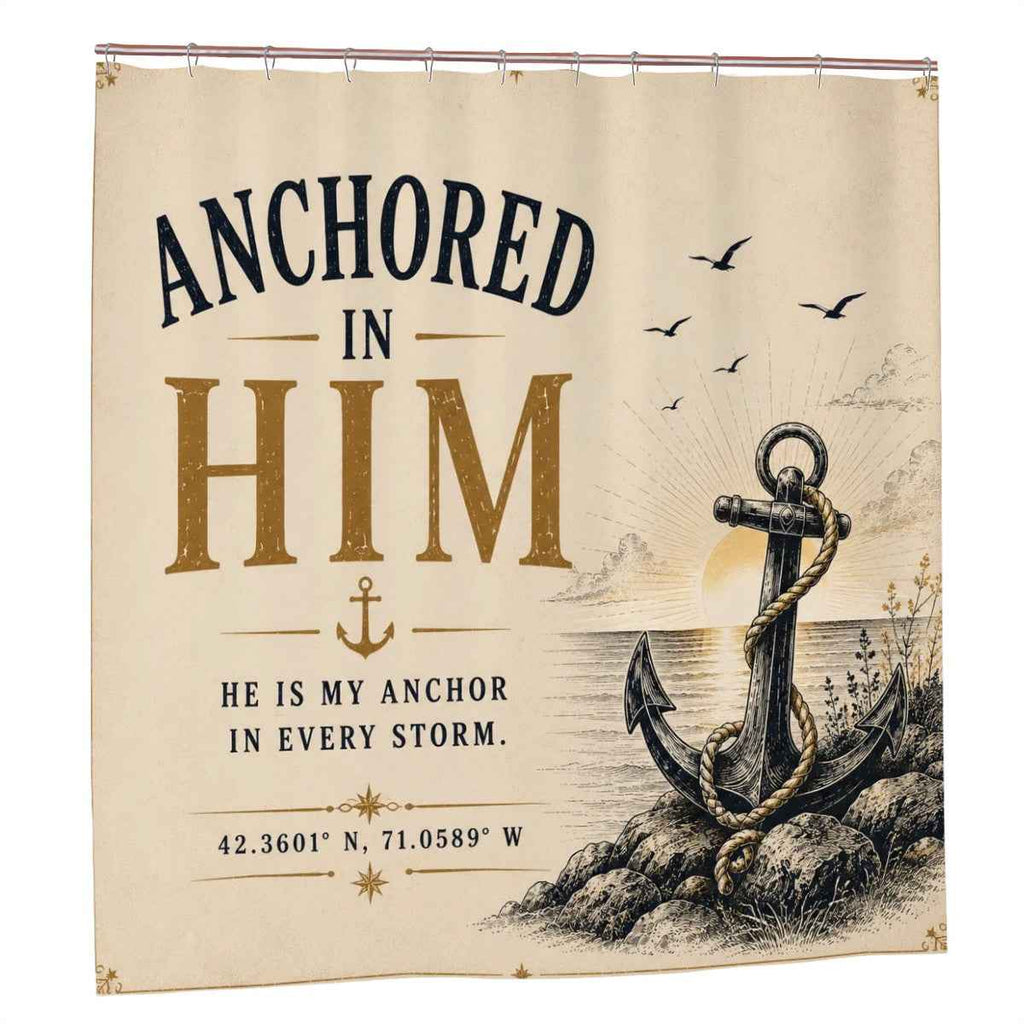 Anchored in Him Shower Curtain – Christian Nautical Bathroom Decor & Faith Gift