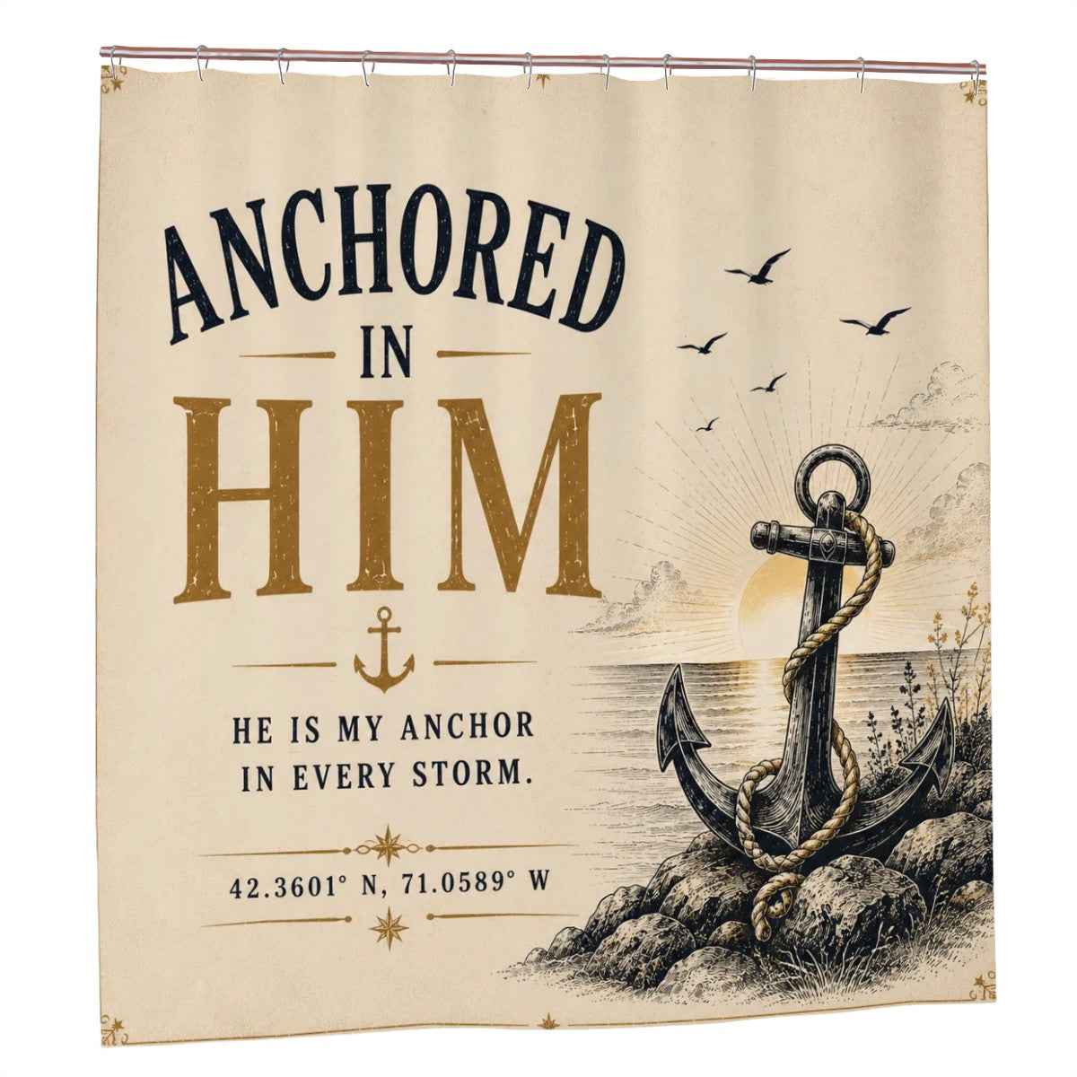Anchored in Him Shower Curtain – Christian Nautical Bathroom Decor & Faith Gift