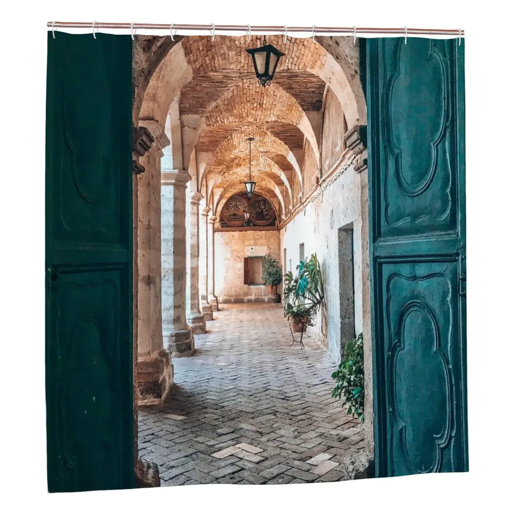 Mediterranean archway shower curtain with coastal blue and beige tones, sandy Beach bathroom decor, featuring an arched architectural design.