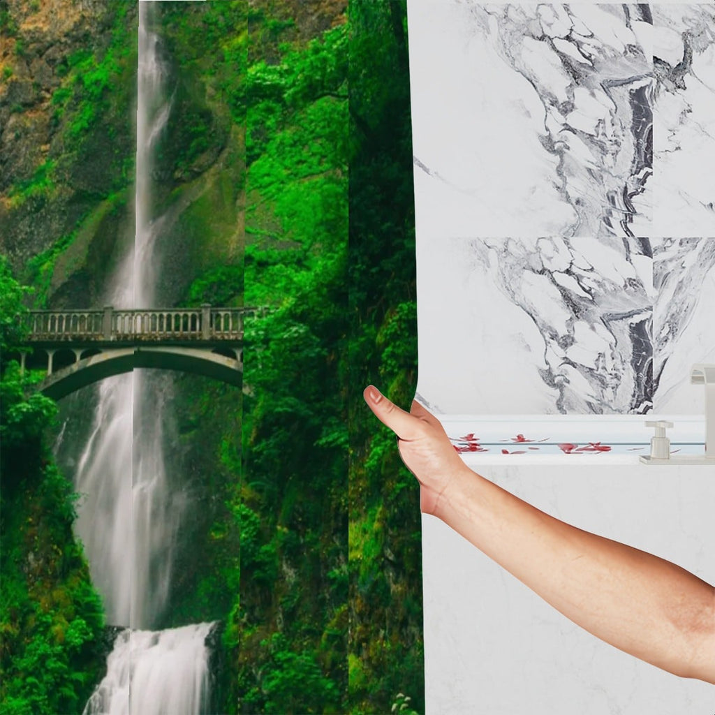 Sandy Beach waterfall shower curtain with a flowing water design, perfect for stylish bathroom decor.