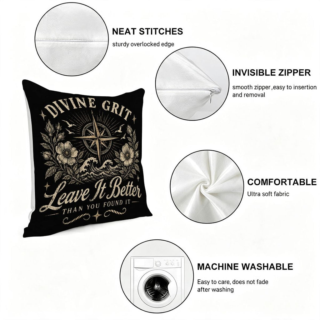 Black decorative throw pillow with gold Divine Grit compass and floral design.