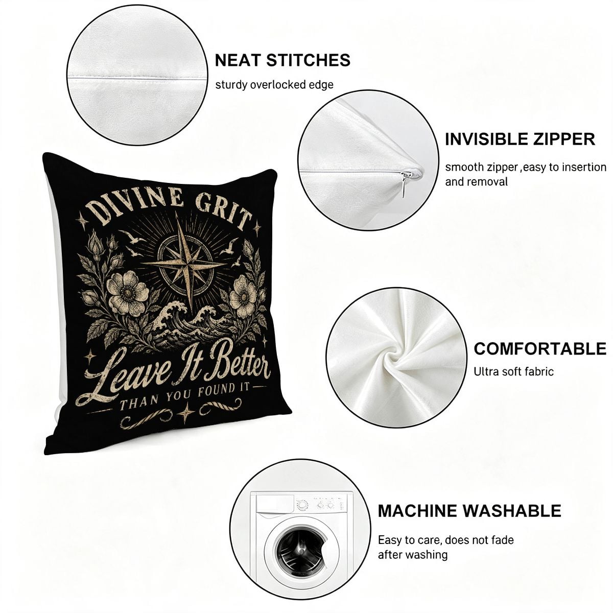 Black decorative throw pillow with gold Divine Grit compass and floral design.