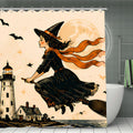 Vintage style shower curtain featuring a witch flying on a broomstick past a moon and lighthouse.
