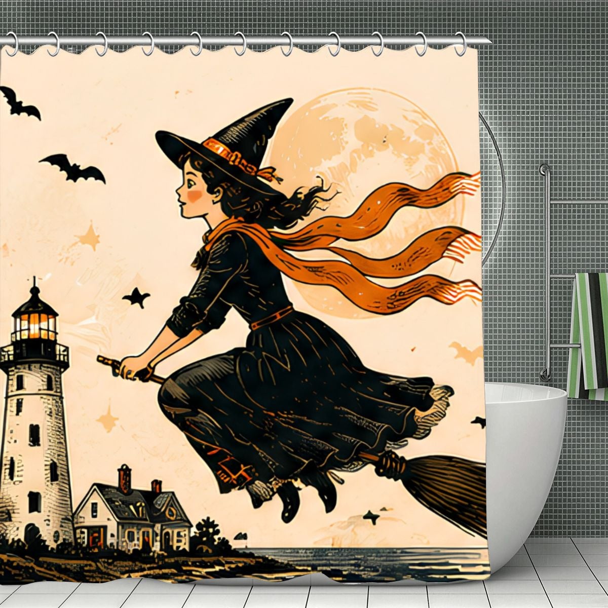Halloween shower curtain featuring a witch flying on a broomstick past a lighthouse and moon.