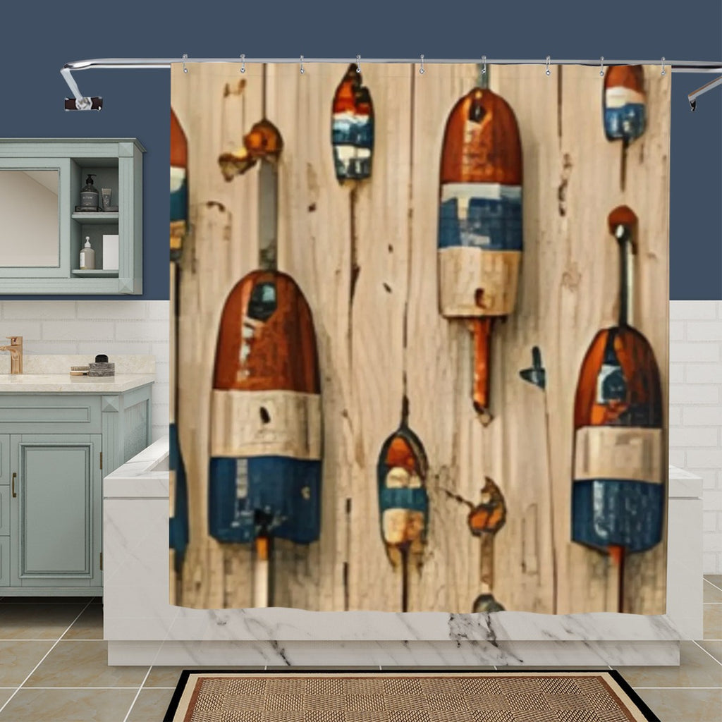 Rustic wooden shower curtain featuring vintage nautical buoy art in a coastal bathroom.
