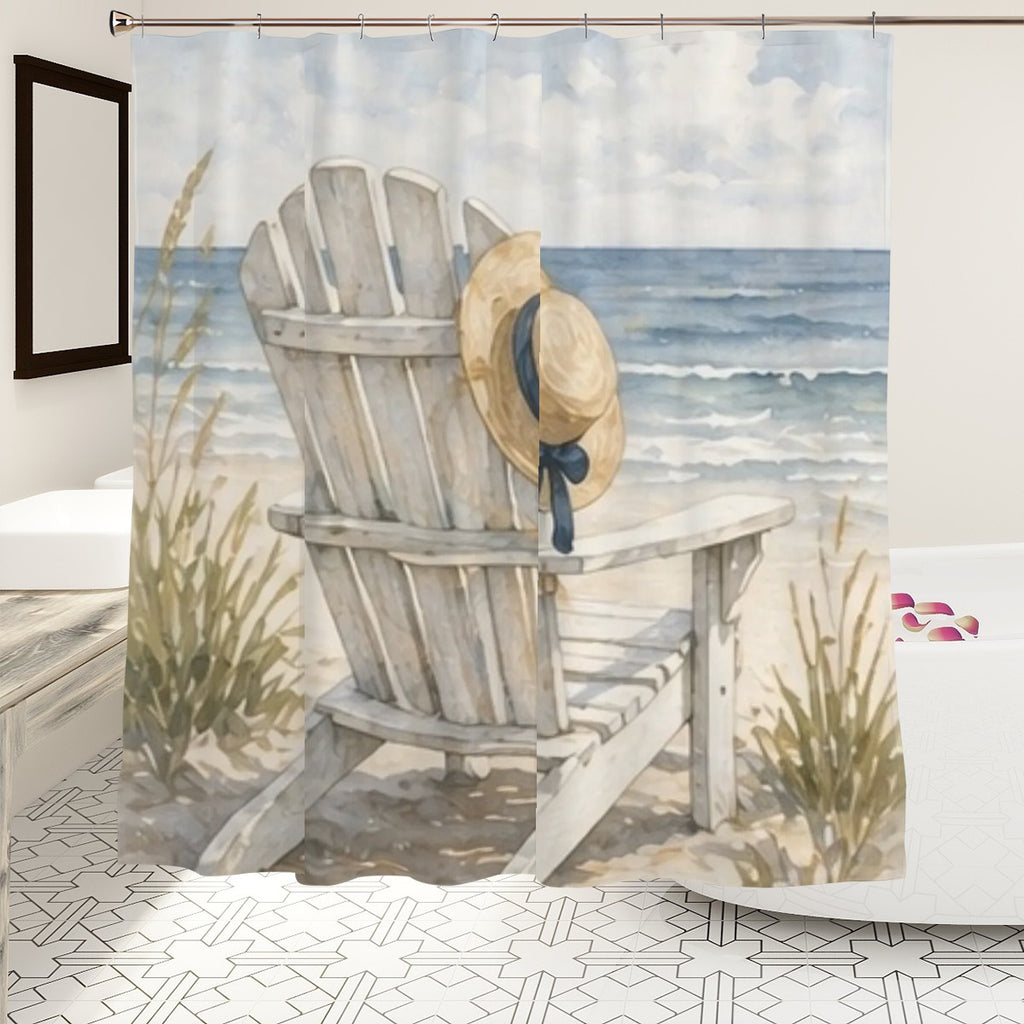 Sandy Beach bathroom decor shower curtain with ocean wave pattern hanging in a modern shower area