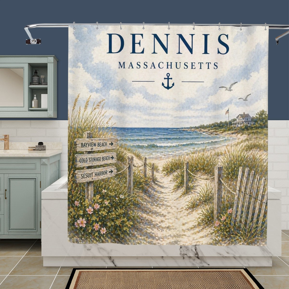 Sandy Beach bathroom decor shower curtain with ocean wave design hanging in a modern bathroom setting