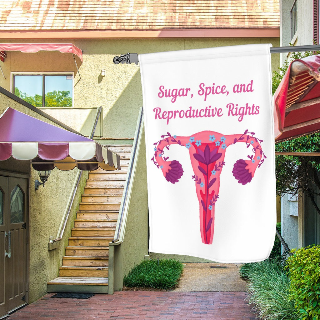 Reproductive Rights Uterus Garden Flag by Sandy Beach, vibrant garden decor with uterus design for gardening or outdoor display.