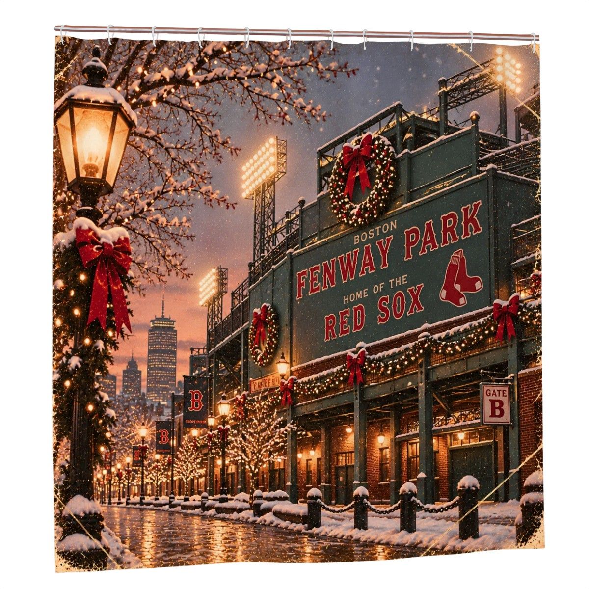 Fenway Park Christmas Shower Curtain | Boston Winter Baseball Scene