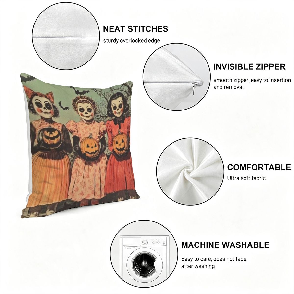 Decorative Halloween throw pillow with spooky girl characters, featuring invisible zipper and soft fabric.