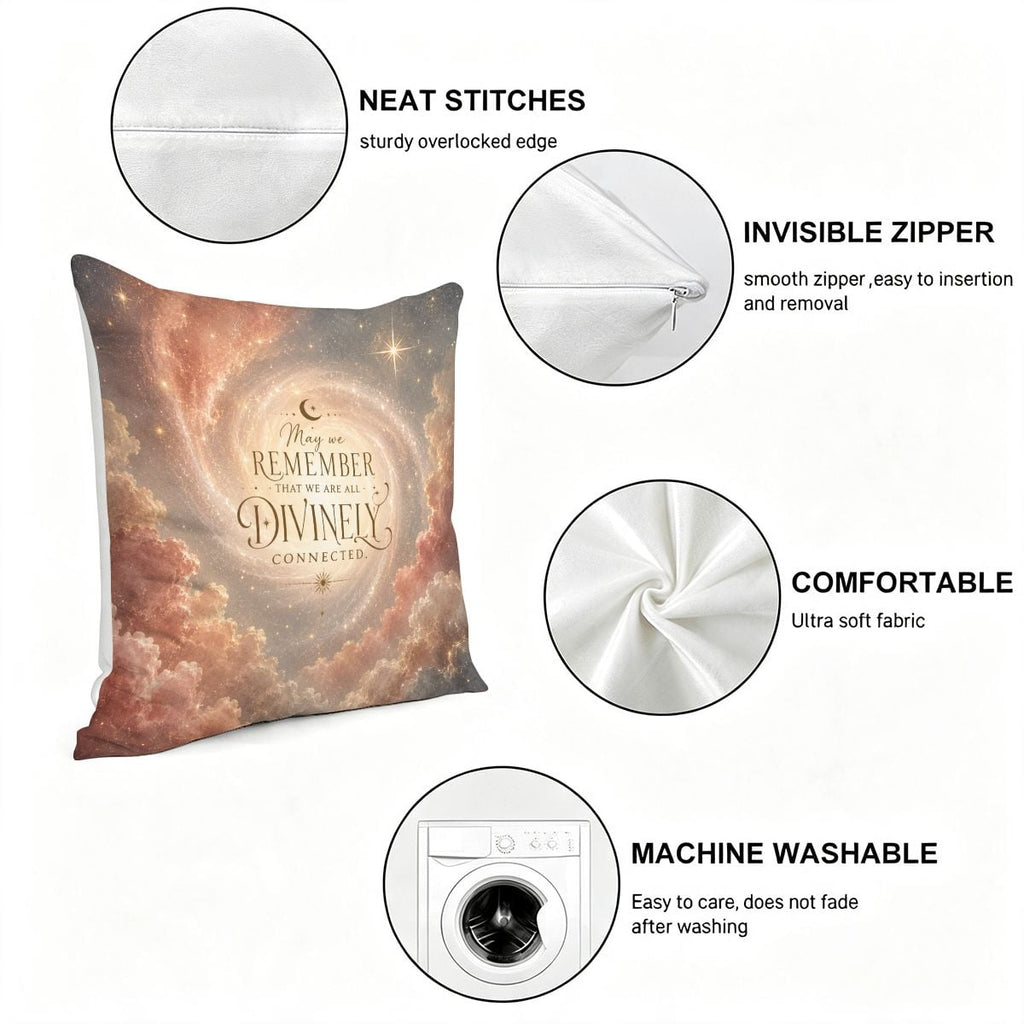 Decorative throw pillow with celestial cloud design and divine connection quote.