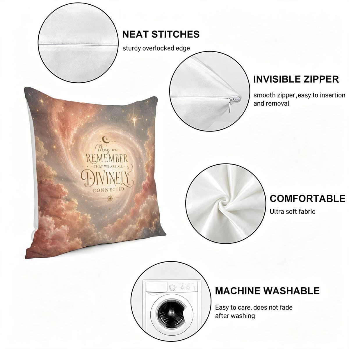 Decorative throw pillow with celestial cloud design and divine connection quote.