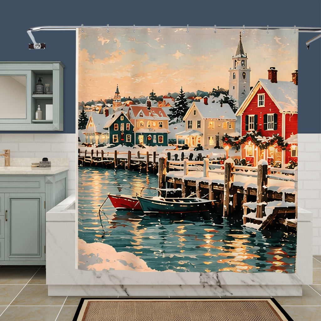 Coastal Christmas Village Shower Curtain | Snowy Harbor Winter Scene