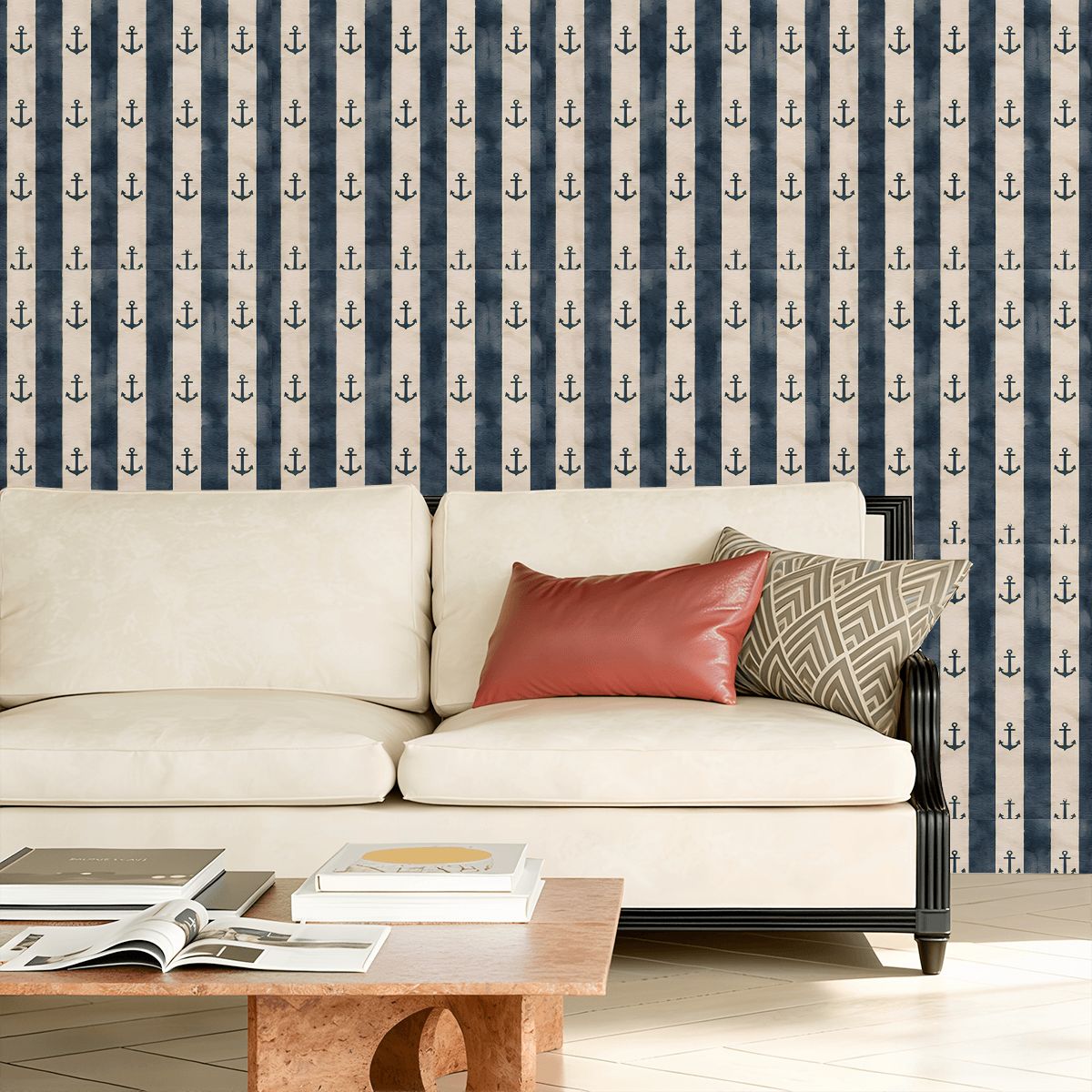 Nautical blue and white striped wallpaper with anchor pattern behind a white sofa.