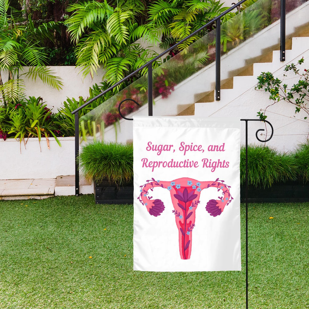 Reproductive Rights Uterus Garden Flag by Sandy Beach, vibrant garden decor featuring a uterus symbol for advocacy and awareness.