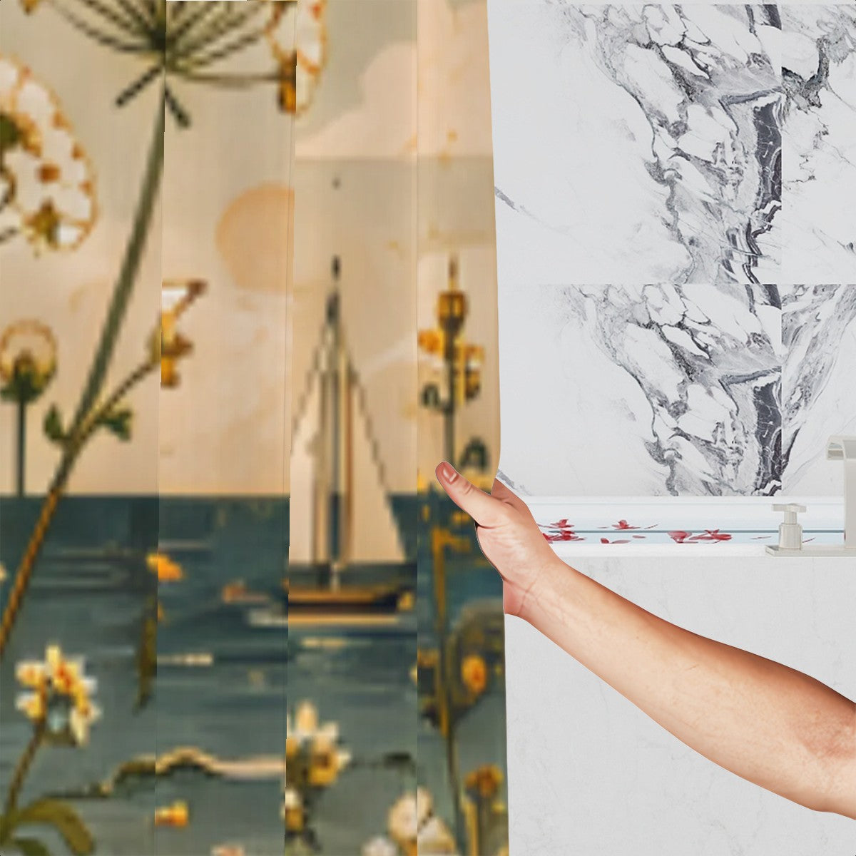 Coastal Wildflower & Sailboat Shower Curtain | Vintage Botanical Beach Bathroom Decor