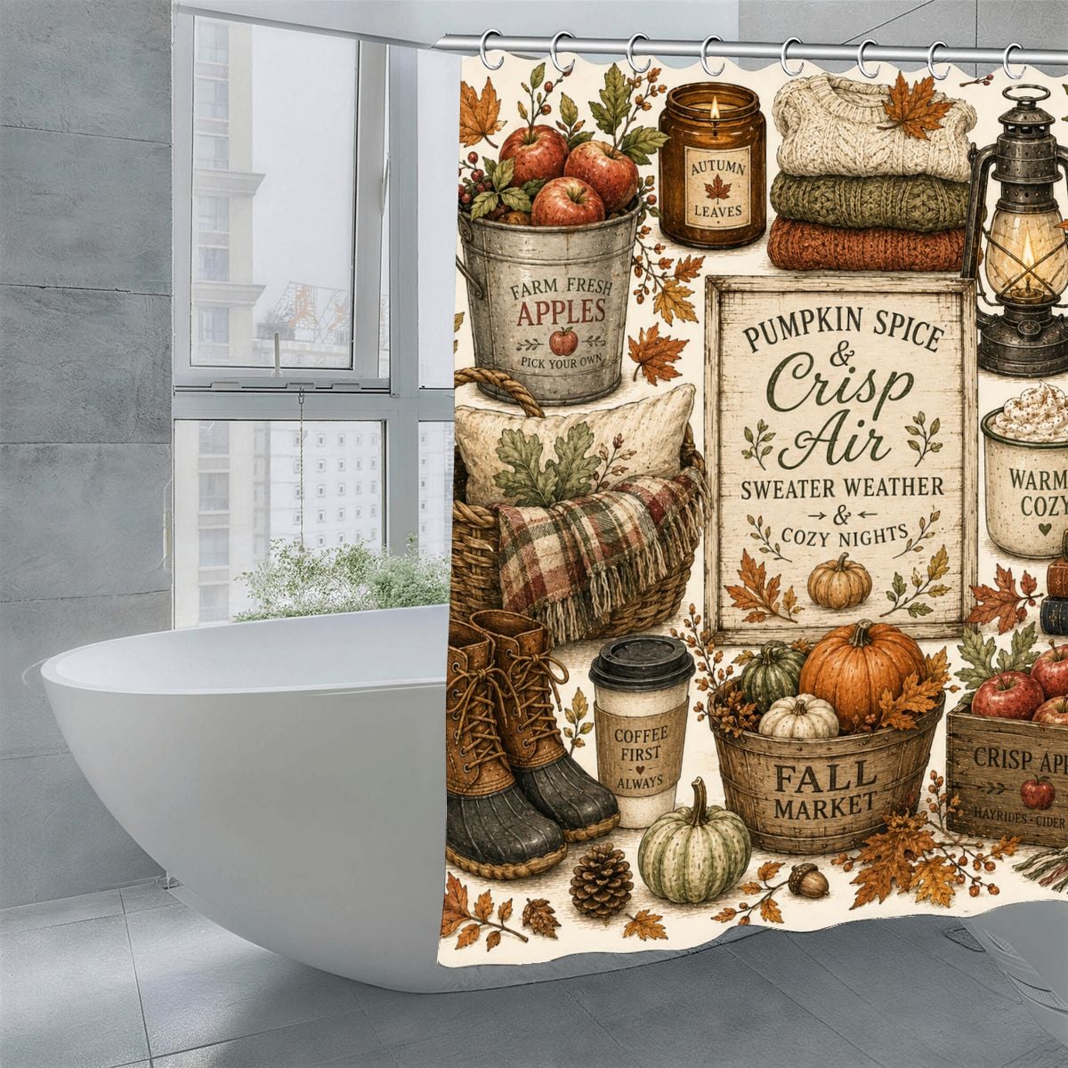 Autumn themed shower curtain featuring pumpkins, apples, coffee, and cozy fall harvest decor.