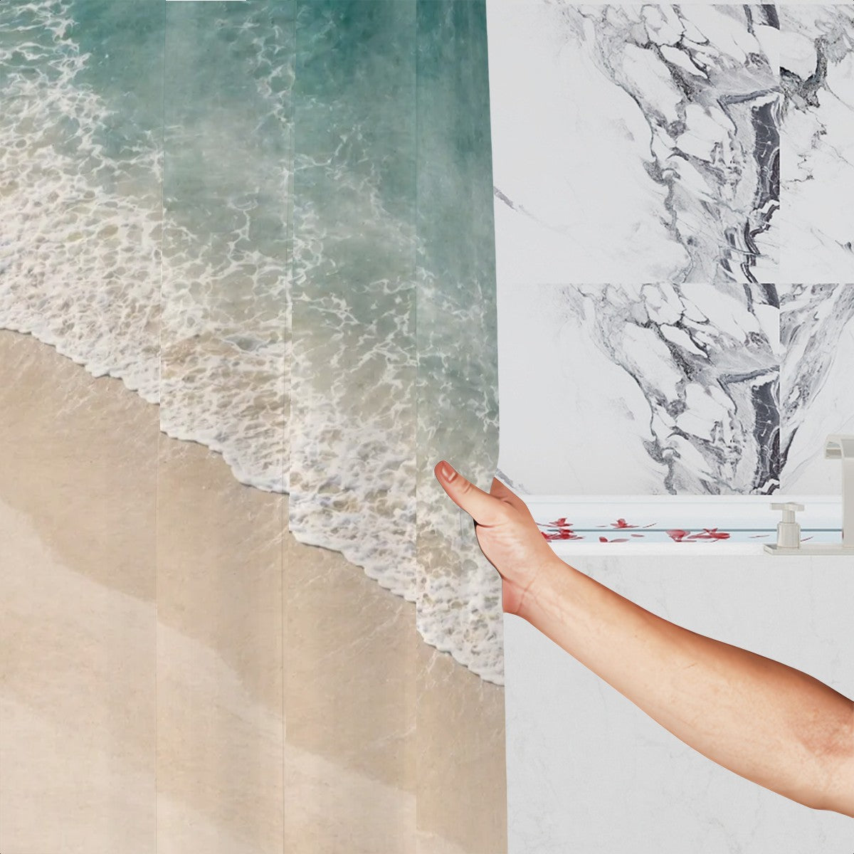 Sandy Beach bathroom decor shower curtain with ocean wave design hanging in a modern shower stall