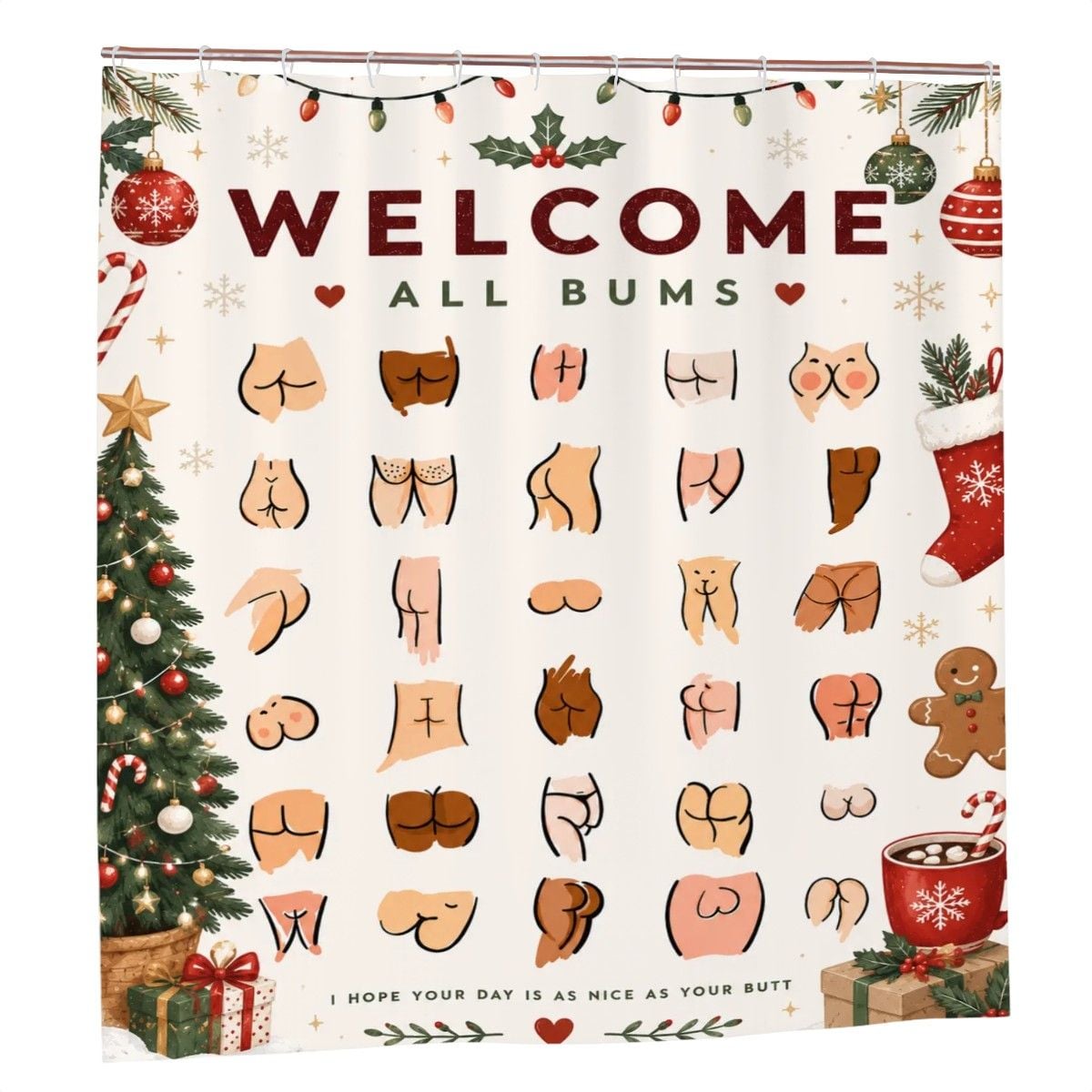 Funny Bum Print Shower Curtain – Seasonal Holiday Novelty Bathroom Decor Gag Gift