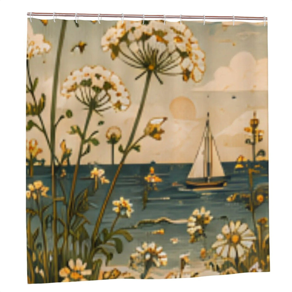 Coastal Wildflower & Sailboat Shower Curtain | Vintage Botanical Beach Bathroom Decor