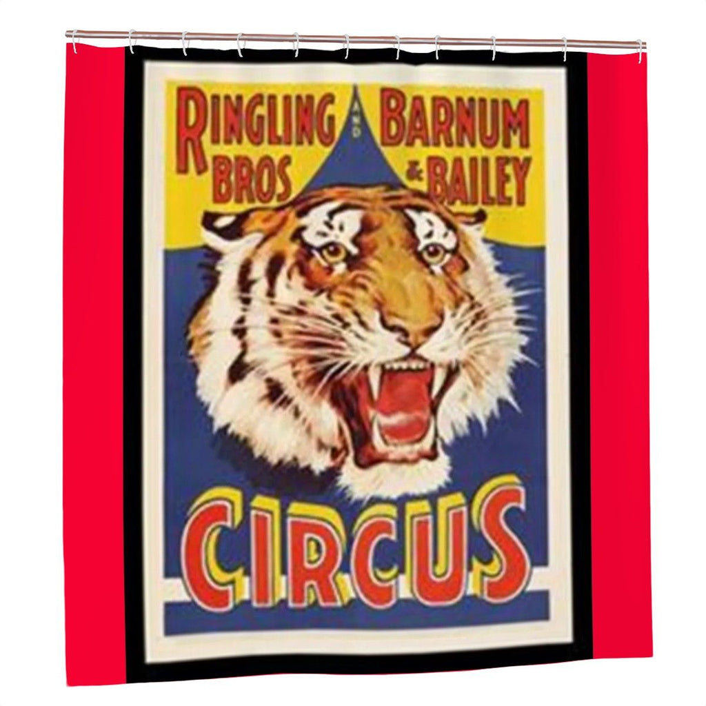 Sandy Beach Ringling Bros Barnum & Bailey Circus shower curtain with colorful circus performers and tent design for bathroom decor.