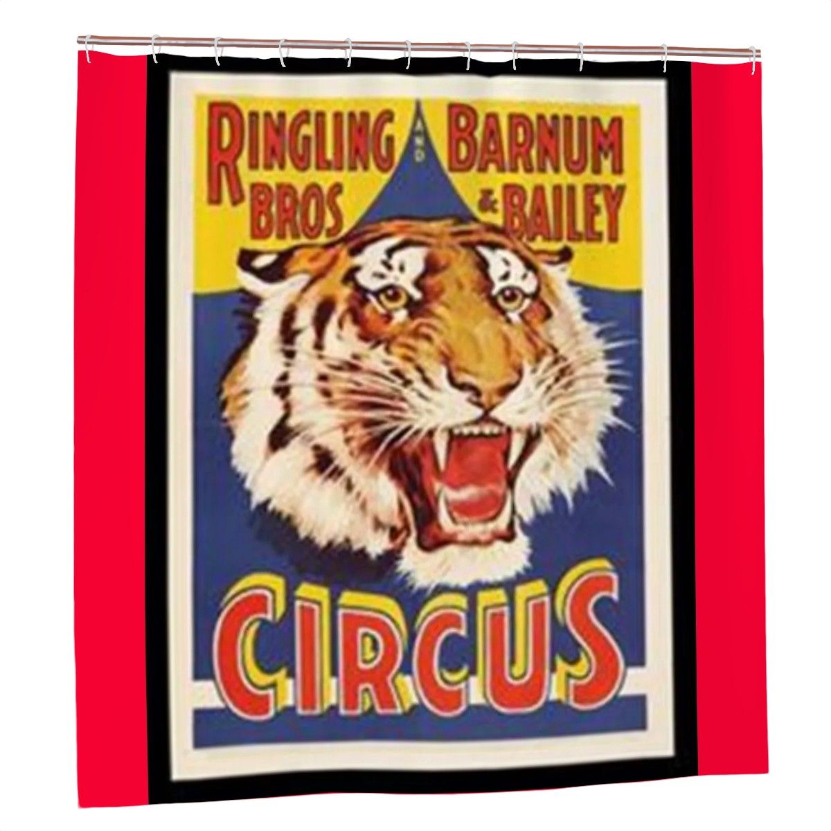 Sandy Beach Ringling Bros Barnum & Bailey Circus shower curtain with colorful circus performers and tent design for bathroom decor.