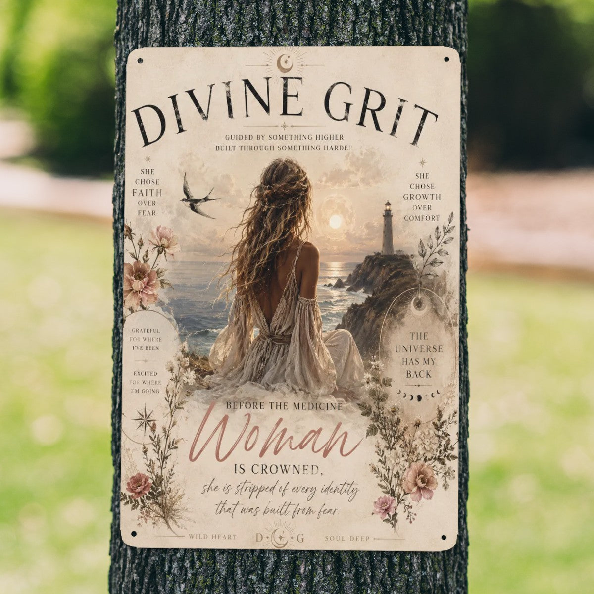Divine Grit garden flag featuring a woman overlooking a coastal sunset landscape.