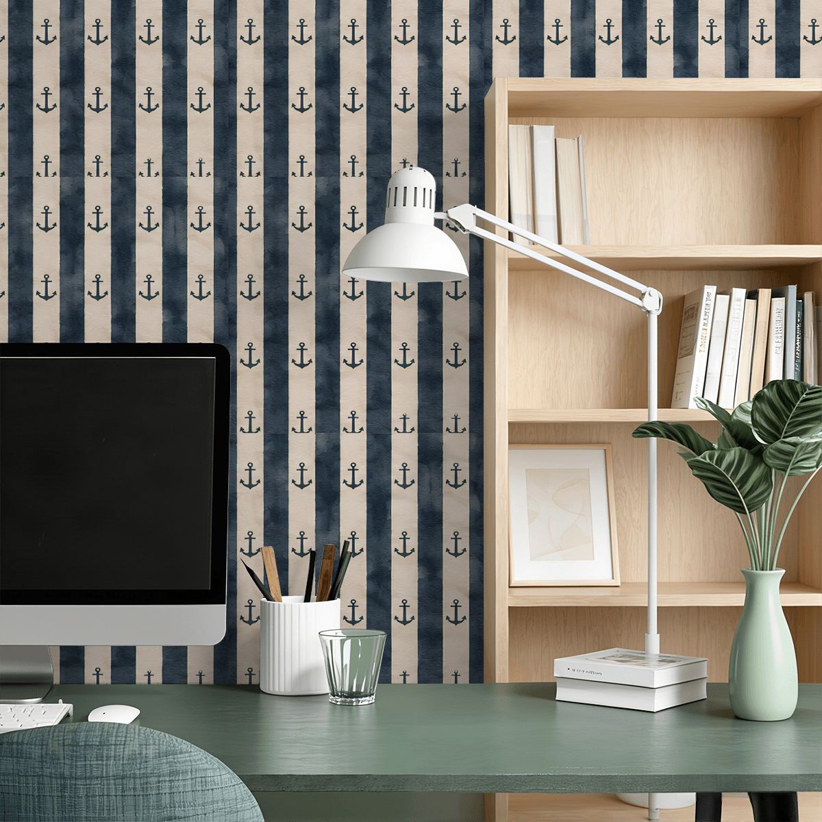 Nautical anchor pattern wallpaper in navy and beige behind a modern home office desk.