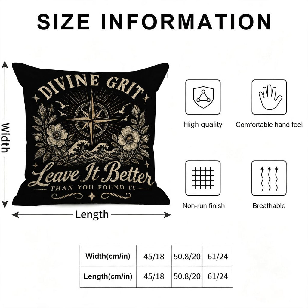 Black decorative throw pillow with Divine Grit Leave It Better floral and compass design.