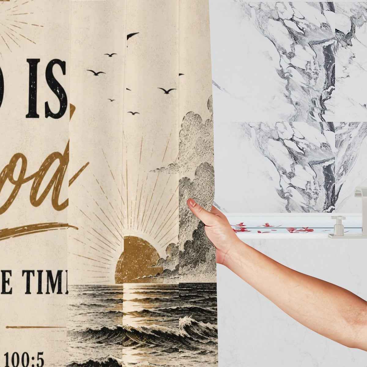God Is Good All the Time Shower Curtain – Psalm 100:5 Christian Sunrise Bathroom Decor