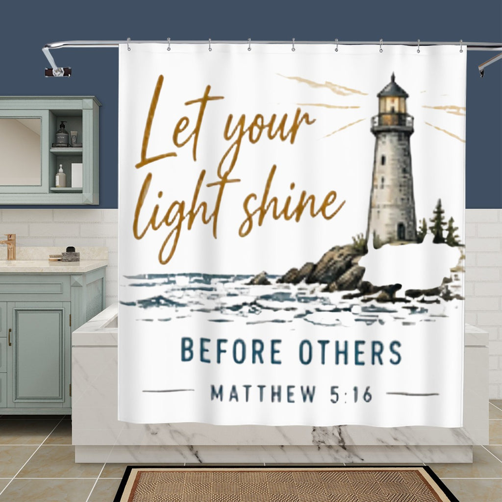 Sandy Beach bathroom decor shower curtain with ocean-inspired design, hanging in a modern bathroom setting.