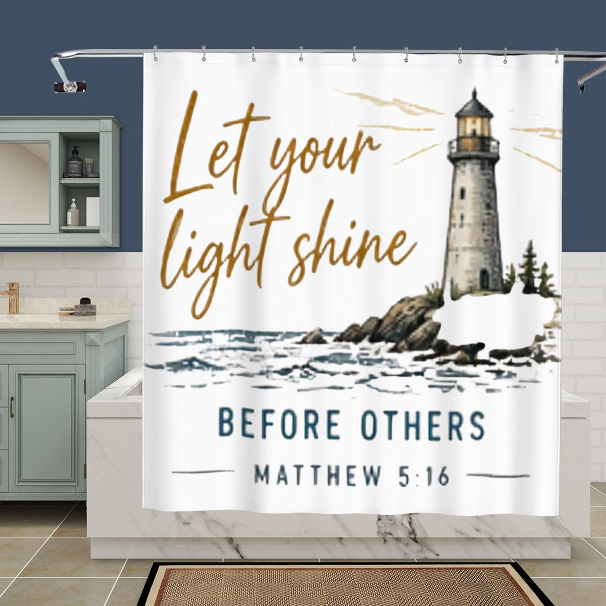 Sandy Beach bathroom decor shower curtain with ocean-inspired design, hanging in a modern bathroom setting.