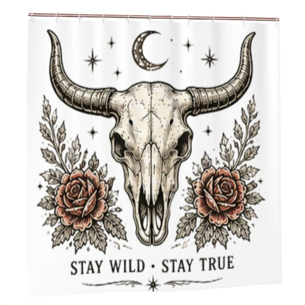 Stay Wild Stay True Shower Curtain – Western Bull Skull Floral Rose Boho Bathroom Decor
