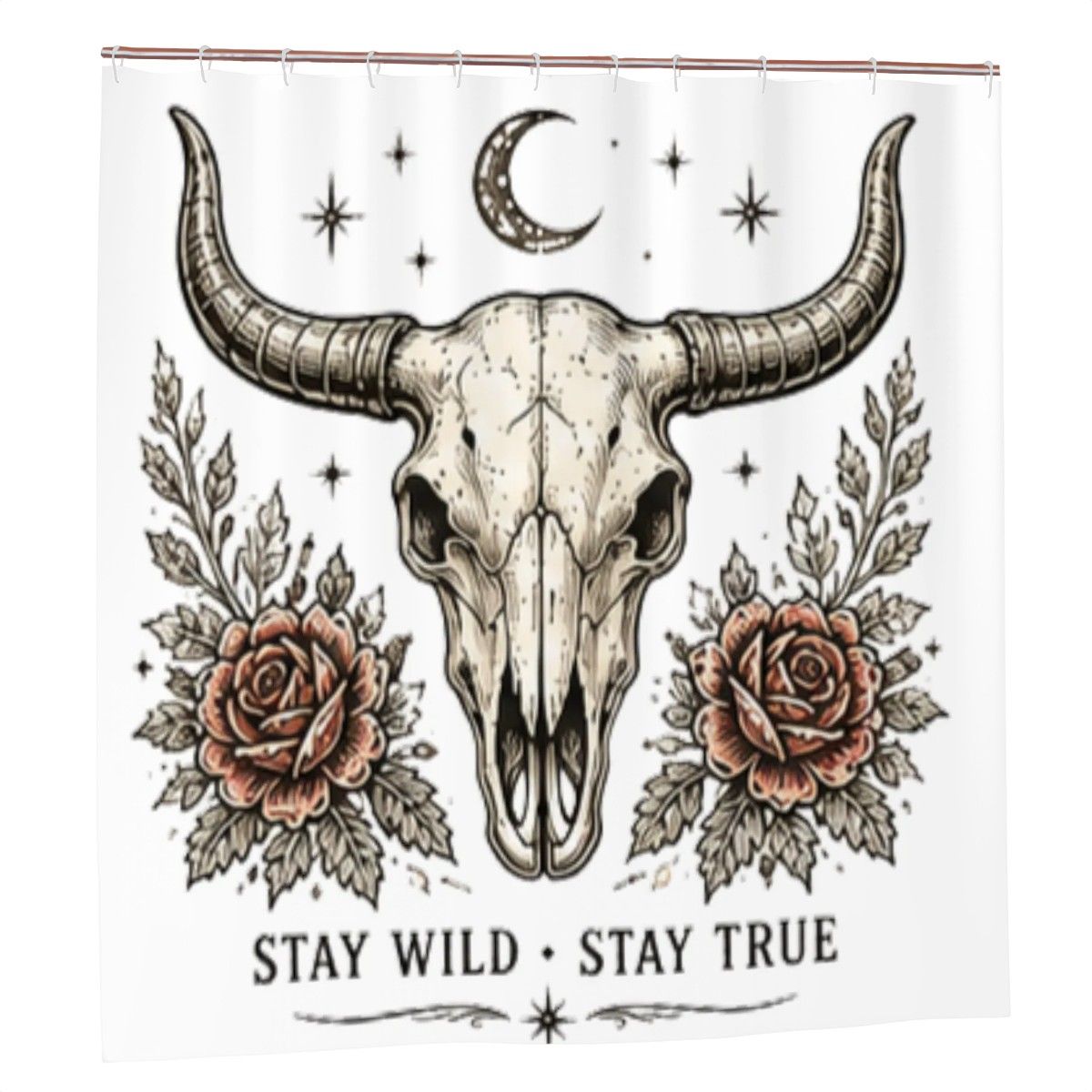 Stay Wild Stay True Shower Curtain – Western Bull Skull Floral Rose Boho Bathroom Decor