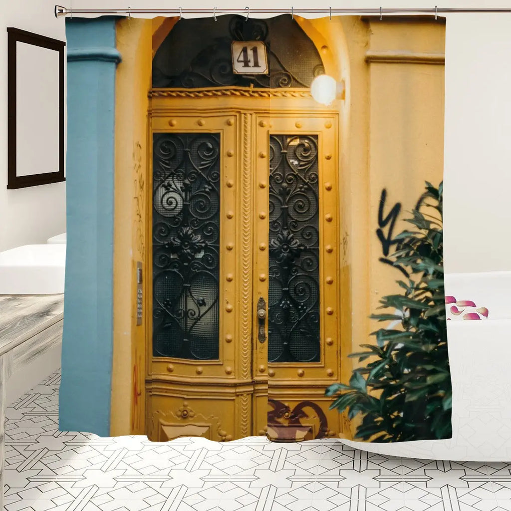 Vintage yellow door shower curtain from Sandy Beach, featuring charming bathroom decor with a bright, nostalgic design.